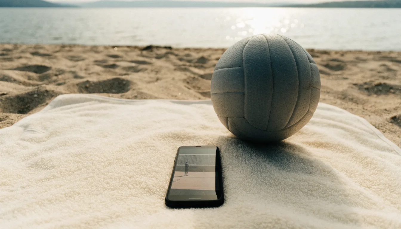 Ein Volleyball liegt auf dem Sand eines Strandfeldes am Seeufer, im Hintergrund glitzert das Wasser.