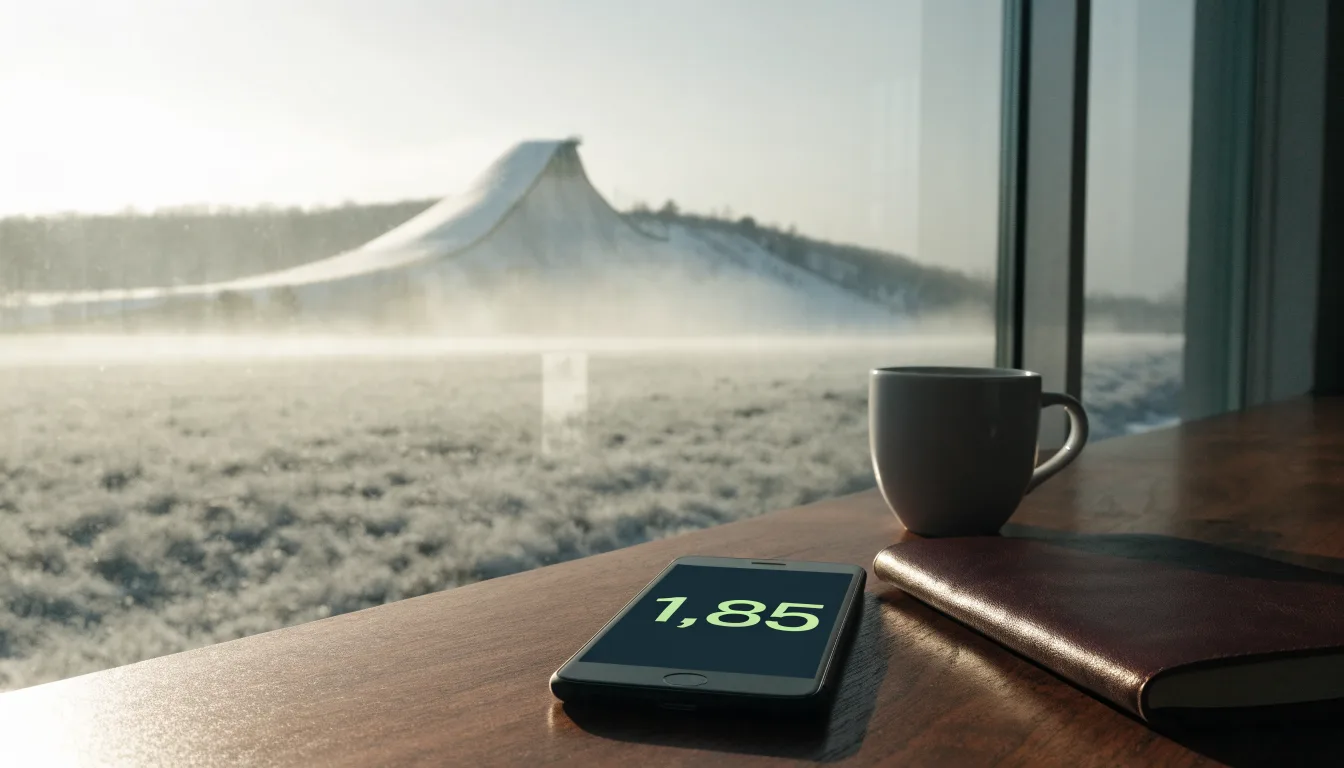 Eine Skisprungschanze ragt aus der Ferne gesehen in den Morgennebel, davor ein verschneites Feld.