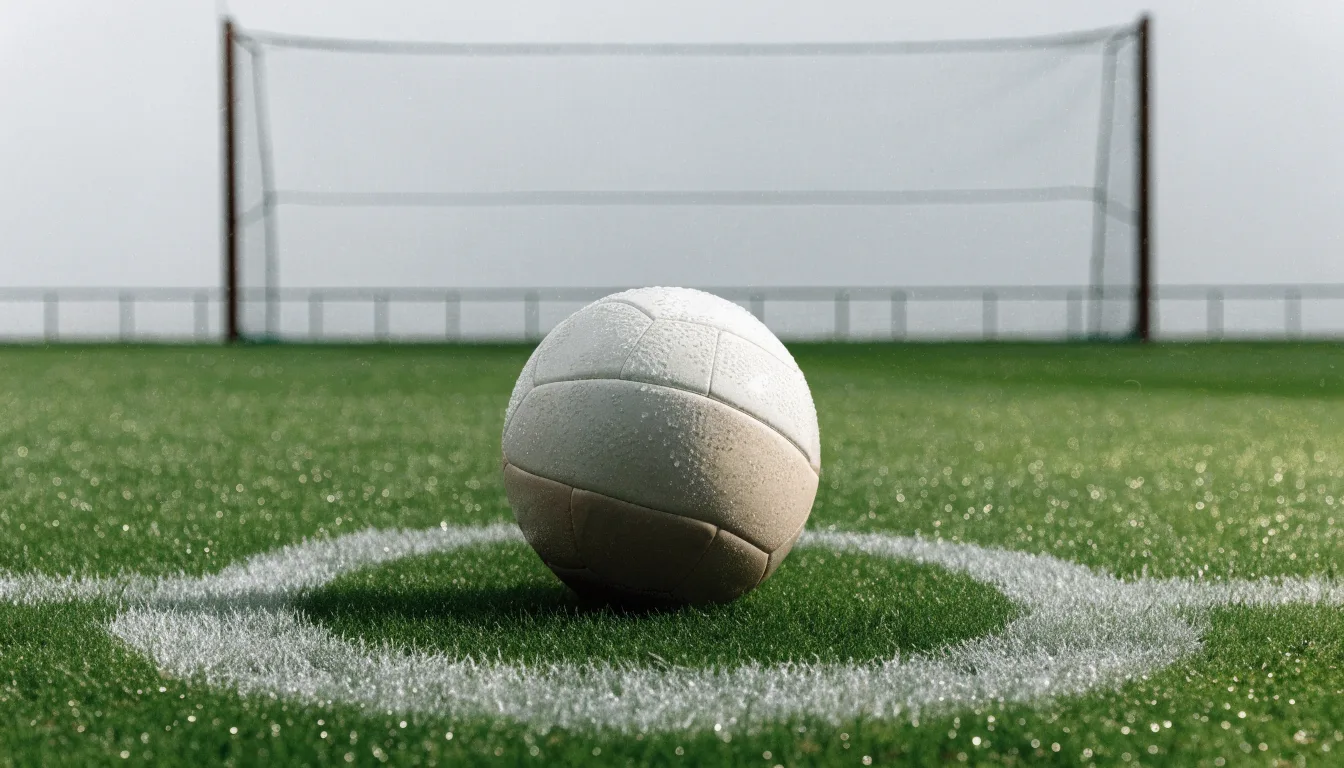 Ein einzelner Fussball liegt auf dem Elfmeterpunkt eines leeren Strafraums, der Rasen glänzt nass.