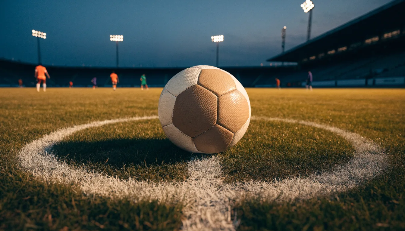 Ein Fussball liegt auf dem Mittelpunkt eines leeren Rasenplatzes, im Hintergrund ragen Flutlichtmasten in die Abenddämmerung