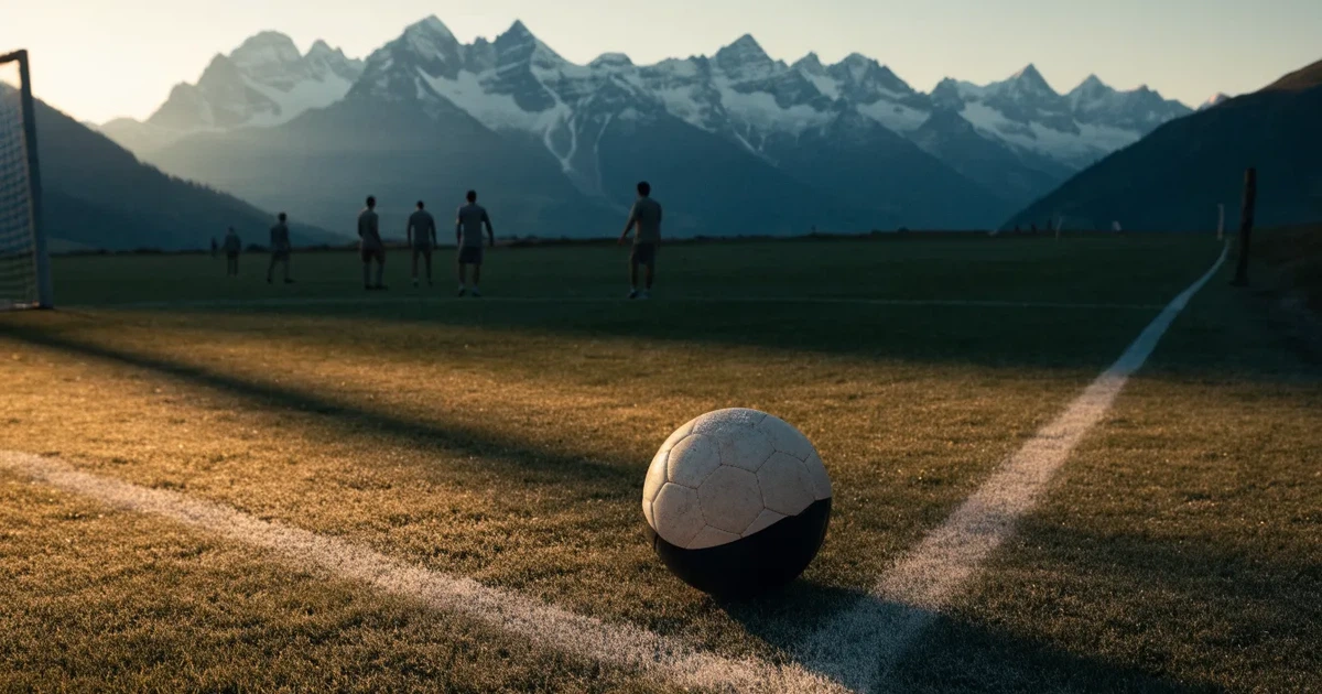 Ein Dorf-Sportplatz mit einem Ball am Strafraumrand, dahinter schneebedeckte Alpengipfel im klaren Morgenlicht