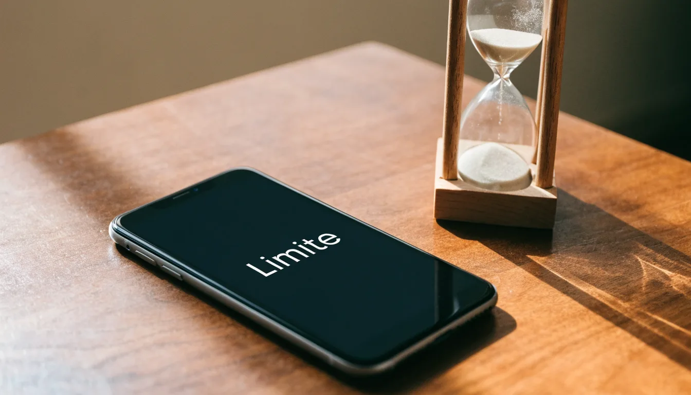 Eine Sanduhr steht neben einem Smartphone mit dunklem Display auf einem Holztisch, ruhiges Tageslicht fällt von der Seite ein