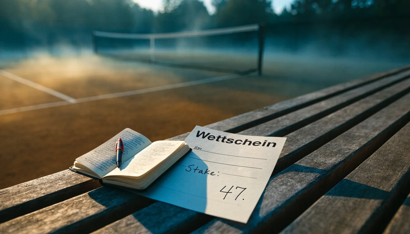Ein Tennisplatz mit Sandbelag in der Morgendämmerung, Netz und Linien liegen im ersten Licht, Nebel hängt über dem Boden
