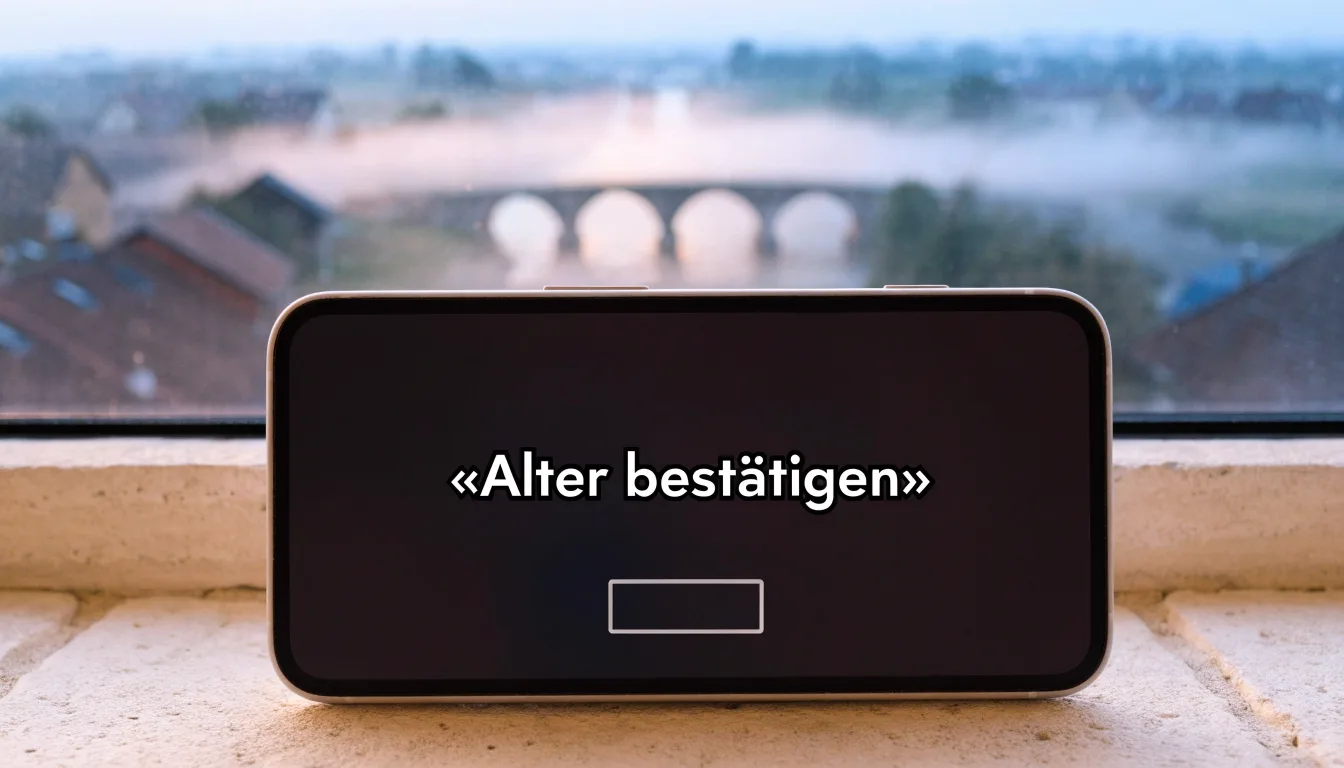 Eine steinerne Brücke über einen Fluss in einer Kleinstadt am frühen Morgen, Nebel zieht zwischen den Dächern hindurch