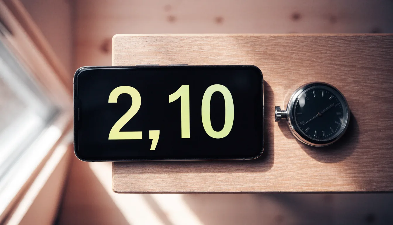 Eine Stoppuhr und ein Smartphone mit dunklem Display liegen nebeneinander auf einem Holztisch, weiches Fensterlicht