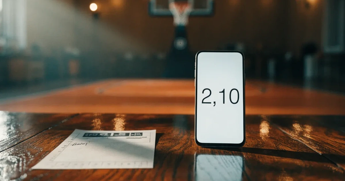 Ein Basketballkorb in einer leeren Halle, der Parkettboden glänzt im Licht der Deckenlampen