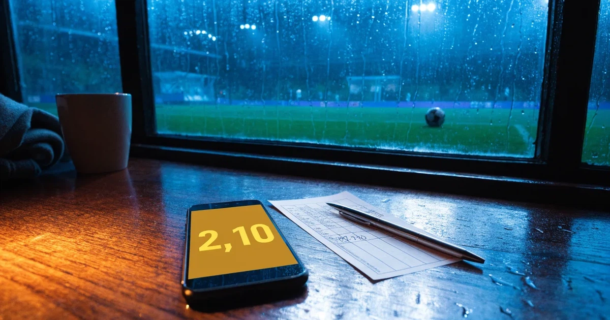 Eine leere Ersatzbank unter einem Plexiglasdach am Spielfeldrand, Regentropfen auf der Scheibe, dahinter ein Rasenplatz