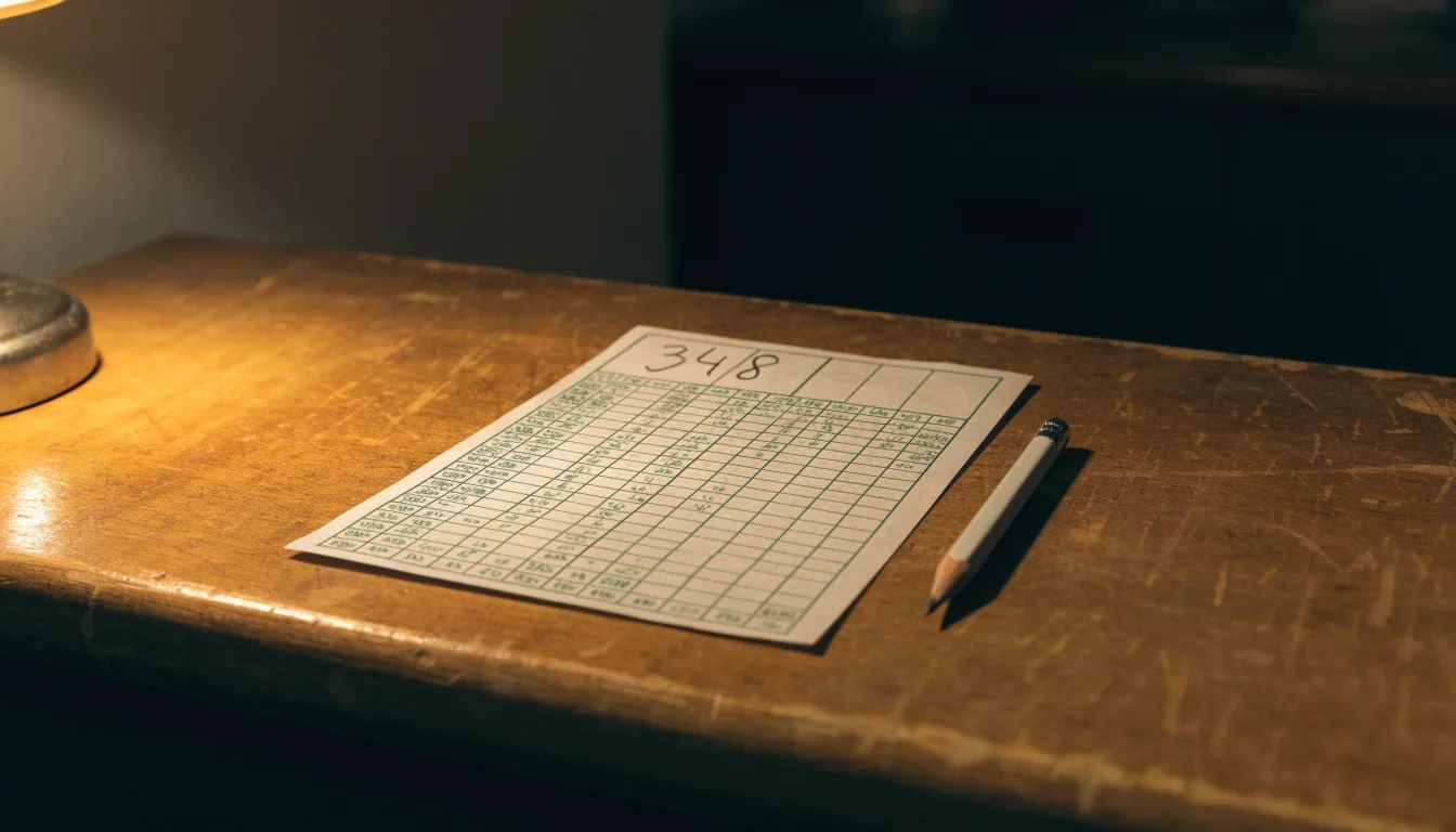 Ein leerer Wettschein aus Papier und ein Bleistift liegen auf einem Holztresen, warmes Licht einer Lampe