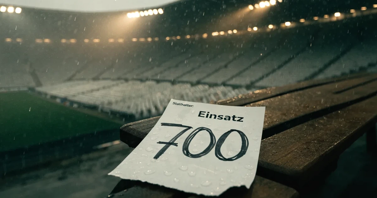 Ein offener Regenschirm lehnt an einer leeren Tribünenbank, Regen fällt auf die Stufen eines Stadions
