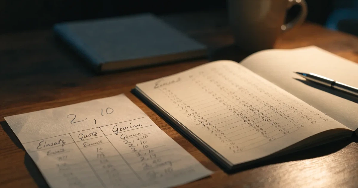 Ein Notizbuch mit handschriftlichen Spalten und ein Kugelschreiber neben einem Taschenrechner, Licht einer Schreibtischlampe