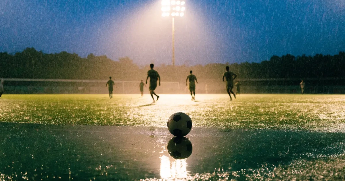Ein Fussballplatz mit Kunstrasen im Regen, Pfützen spiegeln das Licht der Flutlichtmasten