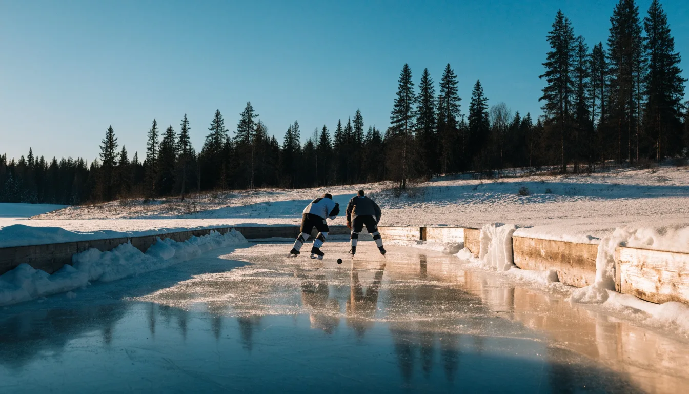 Ein Eishockeyfeld im Freien auf einem zugefrorenen See, Schneewehen an den Banden, klare Winterluft