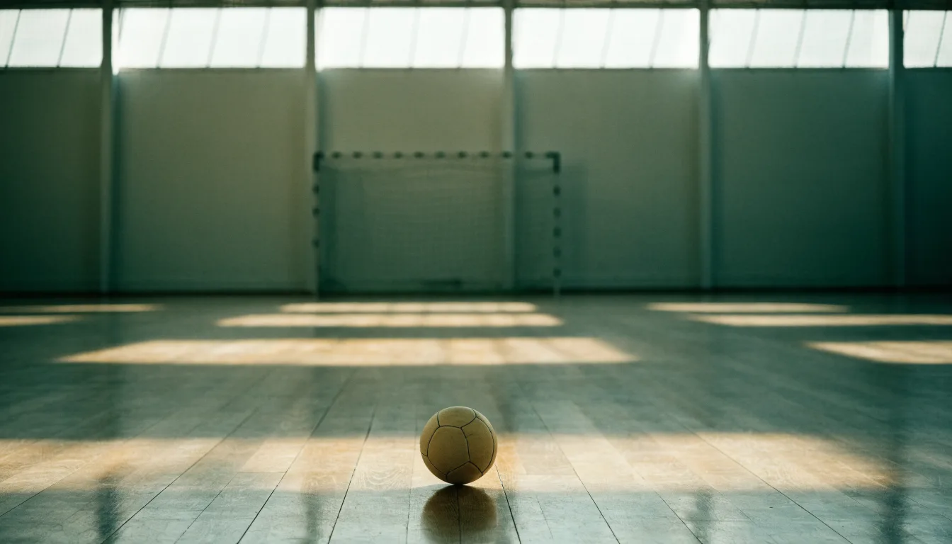 Ein Handball liegt auf dem Hallenboden einer leeren Sporthalle, Streifen von Licht aus den Oberlichtern