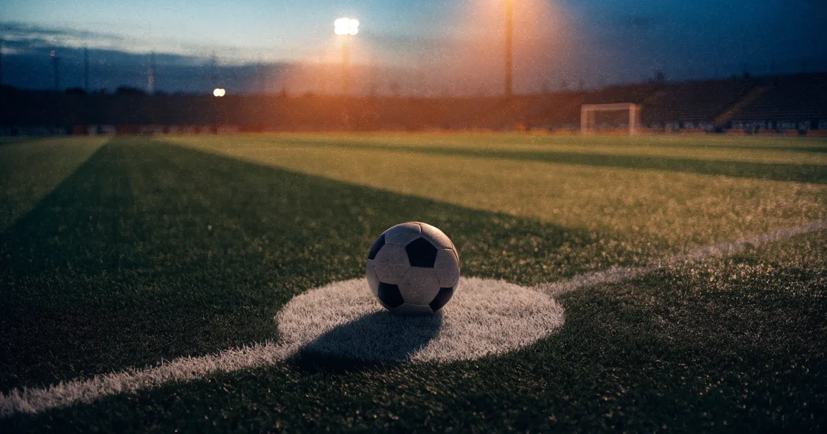 Ein Fussball liegt auf dem Anstosspunkt eines leeren Rasenplatzes in der Abenddämmerung, im Hintergrund leuchten Flutlichtmasten.