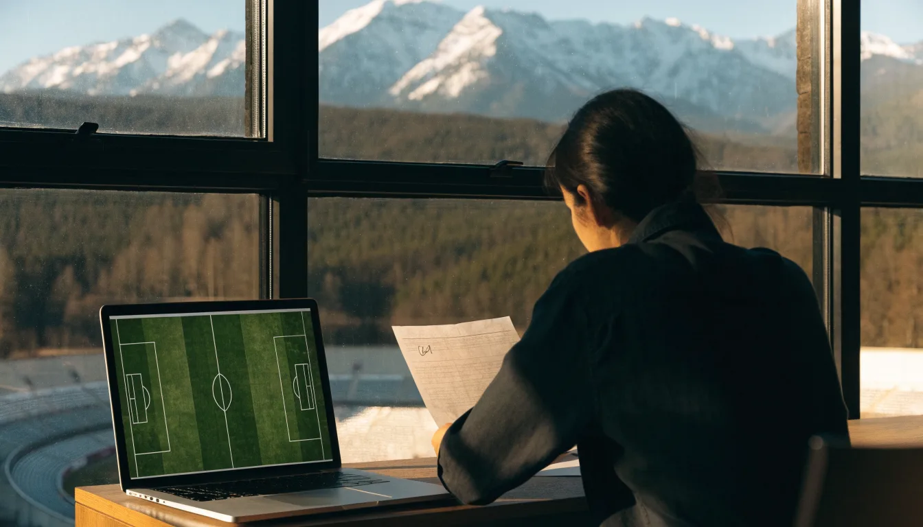 Schneebedeckte Berggipfel erheben sich im klaren Morgenlicht hinter einem leeren Stadion mit hellen Zuschauerrängen.