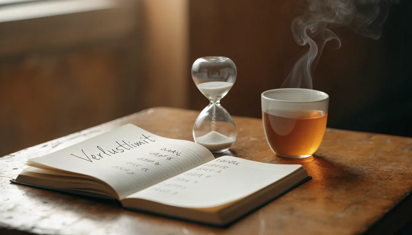 Eine Sanduhr steht neben einem Notizbuch mit handschriftlichen Notizen auf einem Holztisch, daneben dampft eine Tasse Tee.