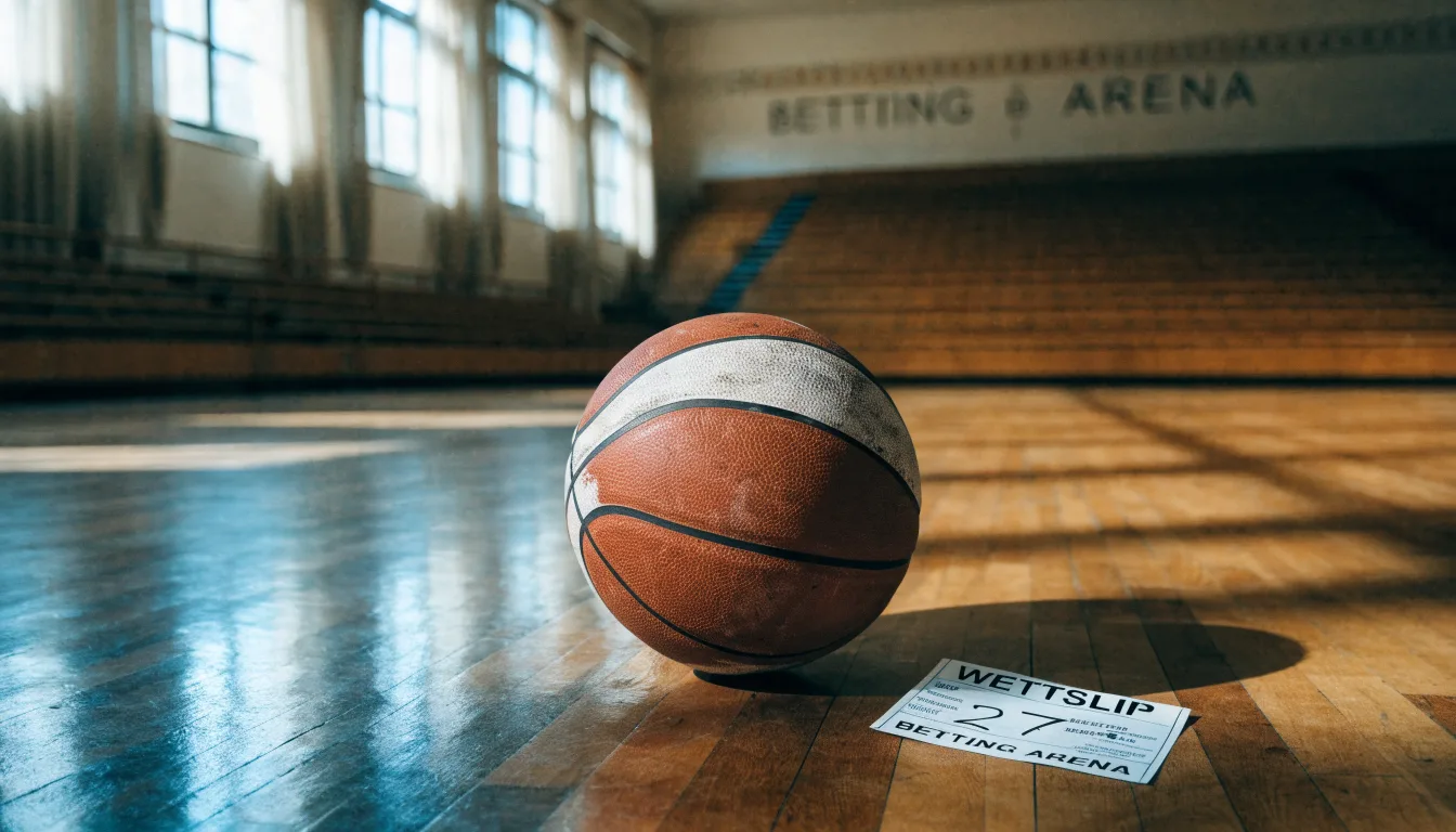 Ein Basketball ruht auf dem polierten Parkett einer leeren Halle, Nachmittagslicht fällt durch hohe Fenster.