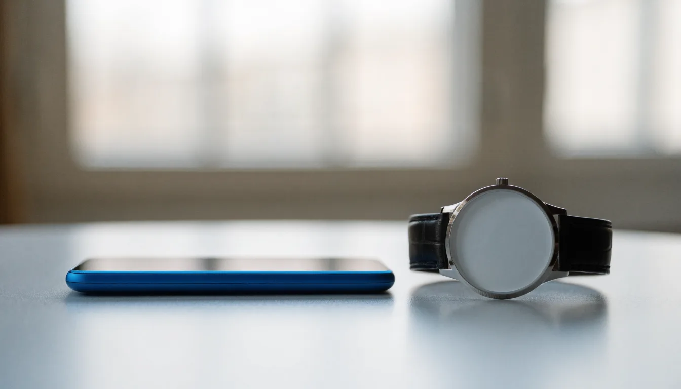 Ein Smartphone liegt mit dem Display nach unten auf einem Tisch neben einer Armbanduhr, im Hintergrund ein unscharfes Fenster.