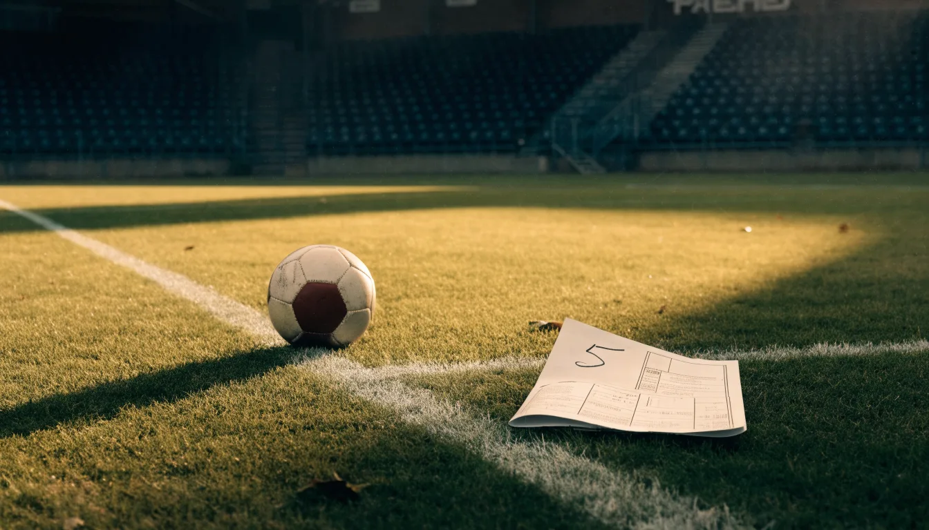 Leere Zuschauerränge eines kleinen Stadions im Herbstlicht, davor ein Rasenplatz mit frisch gezogenen Linien.