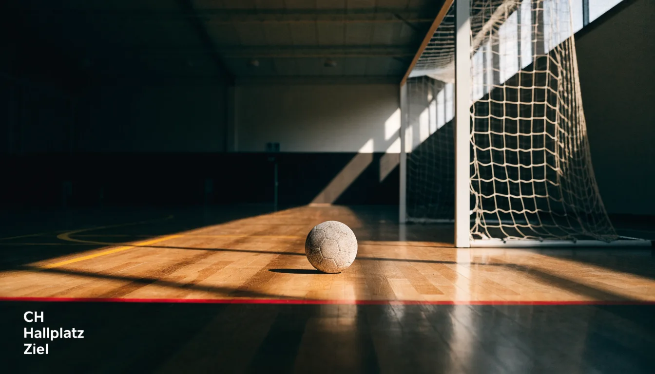 Ein Handball liegt am Rand des Torraums in einer leeren Sporthalle, Licht fällt durch Oberlichter auf den Hallenboden.