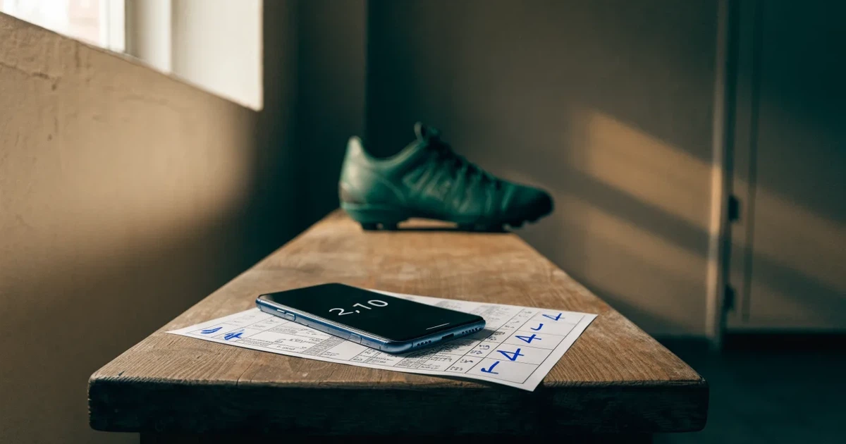 Zwei Fussballschuhe stehen nebeneinander auf einer Holzbank in einer leeren Umkleidekabine.
