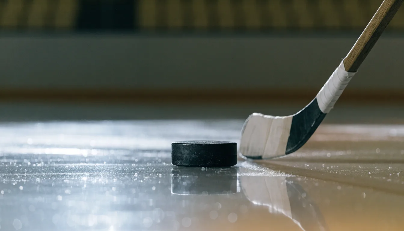 Ein Eishockeypuck und ein Schläger liegen auf einer glänzenden Eisfläche, im Hintergrund verschwimmen leere Banden.