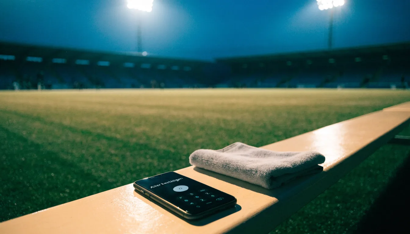 Hohe Flutlichtmasten ragen nachts über einen leeren Trainingsplatz, der Rasen glänzt im weissen Licht.