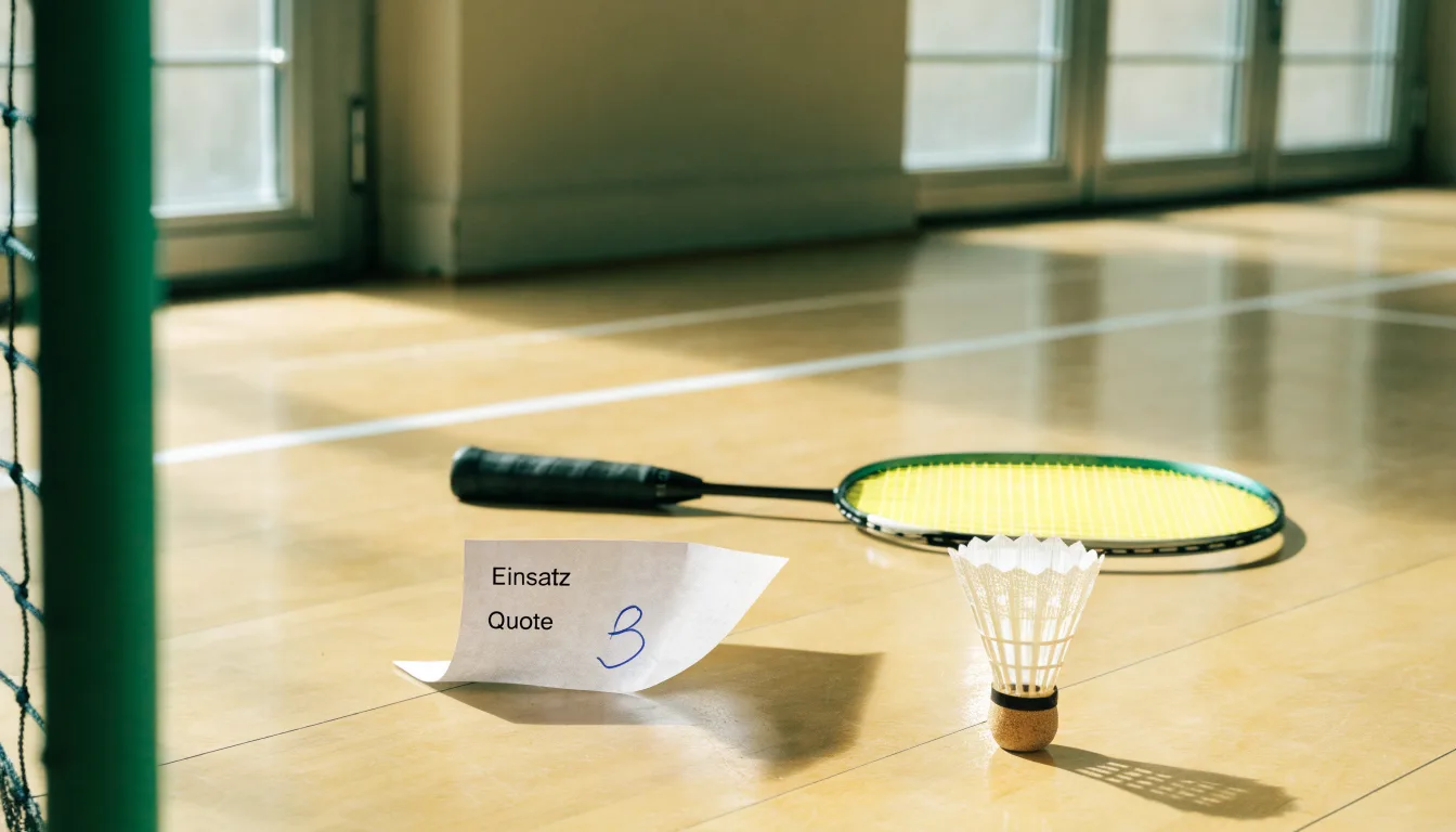Ein Badmintonschläger liegt neben einem Federball auf dem hellen Hallenboden eines leeren Spielfelds.