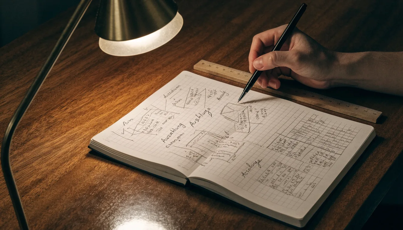 Eine Schreibtischlampe beleuchtet ein kariertes Heft mit handschriftlichen Skizzen, daneben liegt ein Lineal aus Holz.