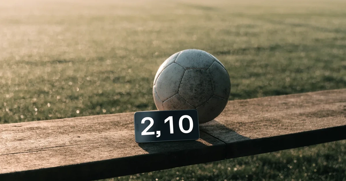 Ein Smartphone mit dunklem Bildschirm liegt neben einem Fussball auf einer Holzbank am Rand eines Trainingsplatzes im Morgenlicht.