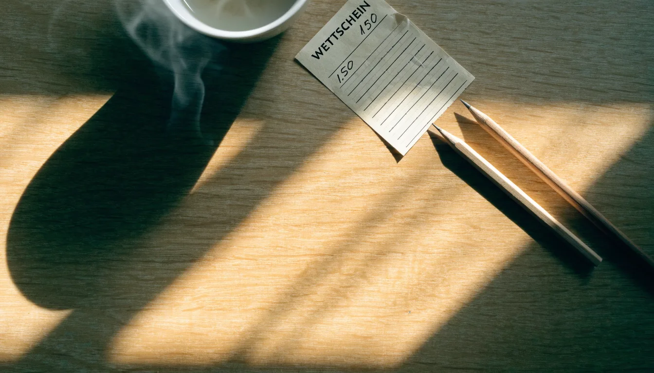 Eine Tasse Kaffee und ein Bleistift liegen auf einem sonnenbeschienenen Küchentisch neben einem leeren Notizblock.