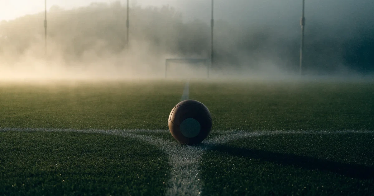 Ein Fussball liegt auf dem Anstosspunkt eines leeren Rasenplatzes im dichten Morgennebel.