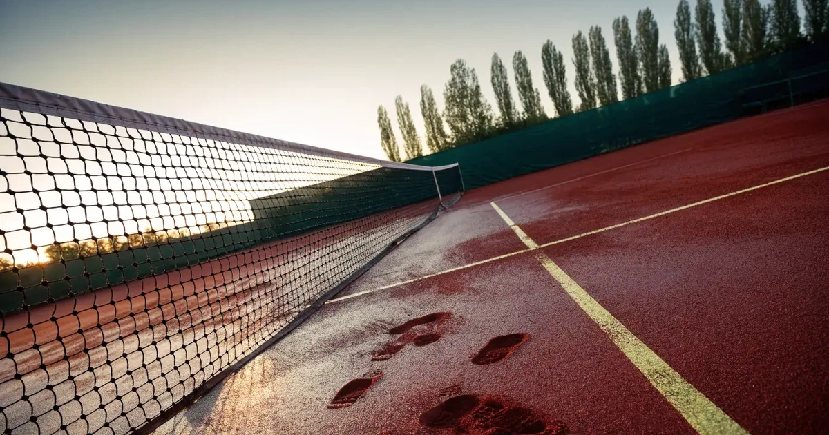 Ein Tennisplatz bei Sonnenaufgang mit gespanntem Netz und feuchtem Sandbelag, niemand steht auf dem Platz.