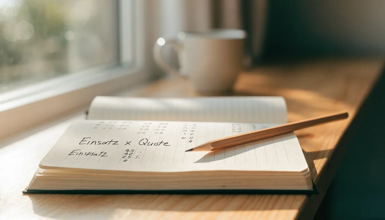 Ein aufgeschlagenes Notizbuch mit handschriftlichen Spalten und ein Bleistift liegen auf einem Holztisch neben einem Fenster.