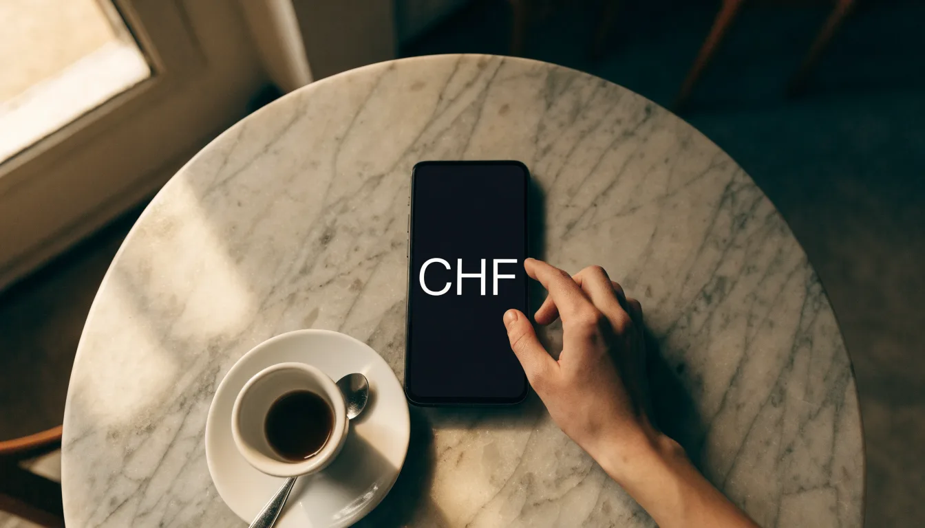 Ein Smartphone liegt mit der Rückseite nach oben auf einem Kaffeehaustisch neben einer Tasse und einem Löffel.