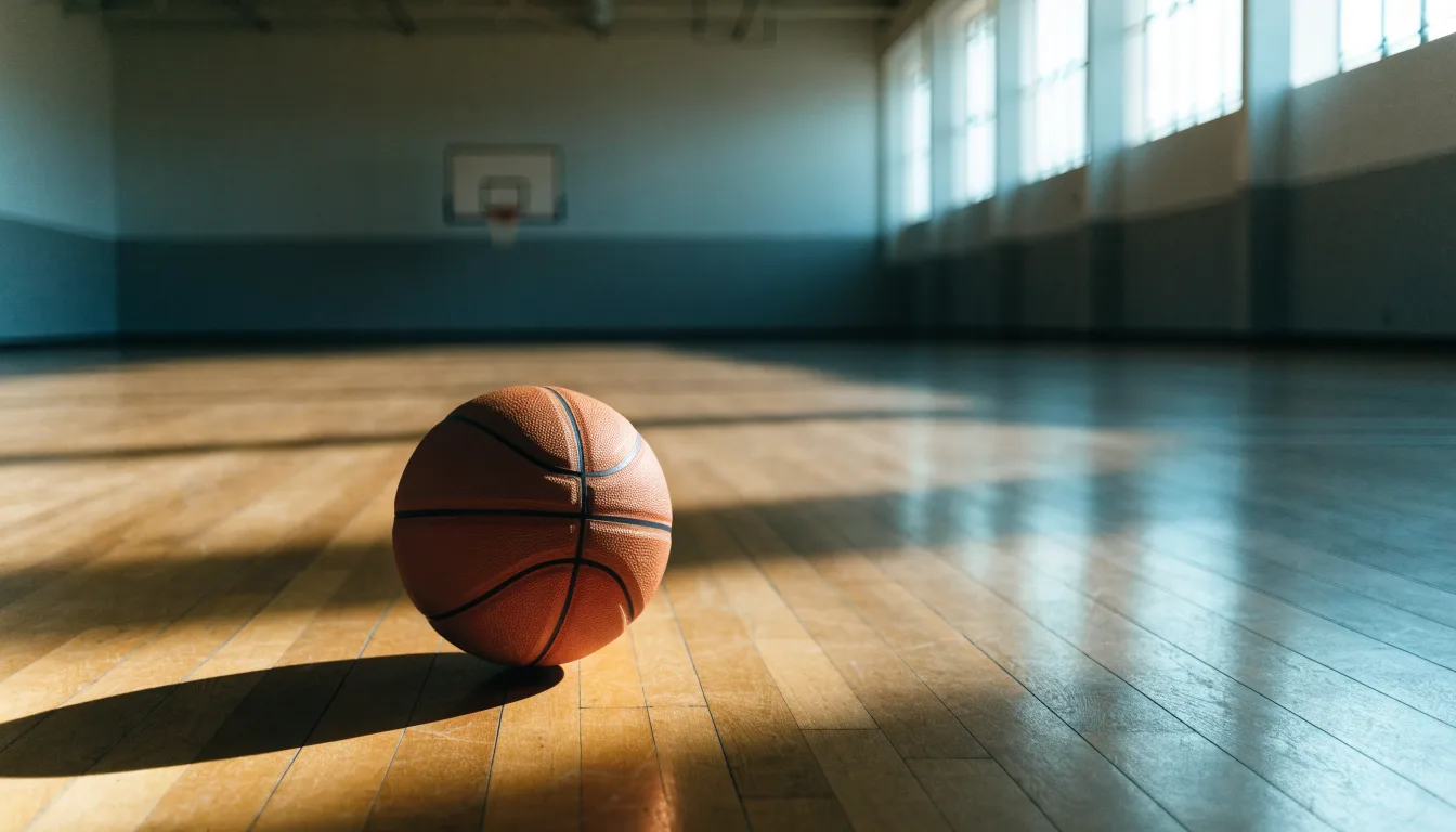 Ein Basketball ruht auf dem Parkett einer leeren Sporthalle, durch hohe Fenster fällt Tageslicht.