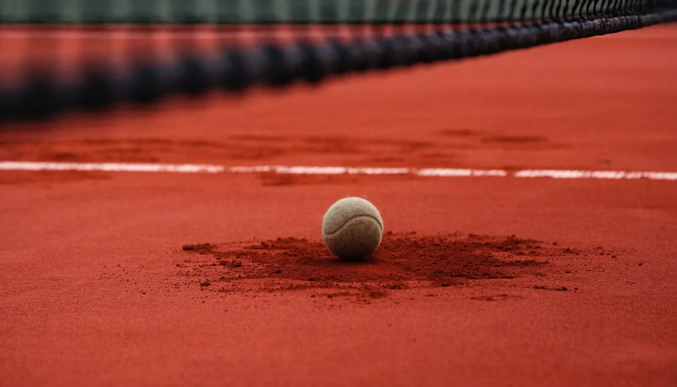 Ein Tennisball liegt auf rotem Sand neben einer verblassten Linie, das Licht ist weich.