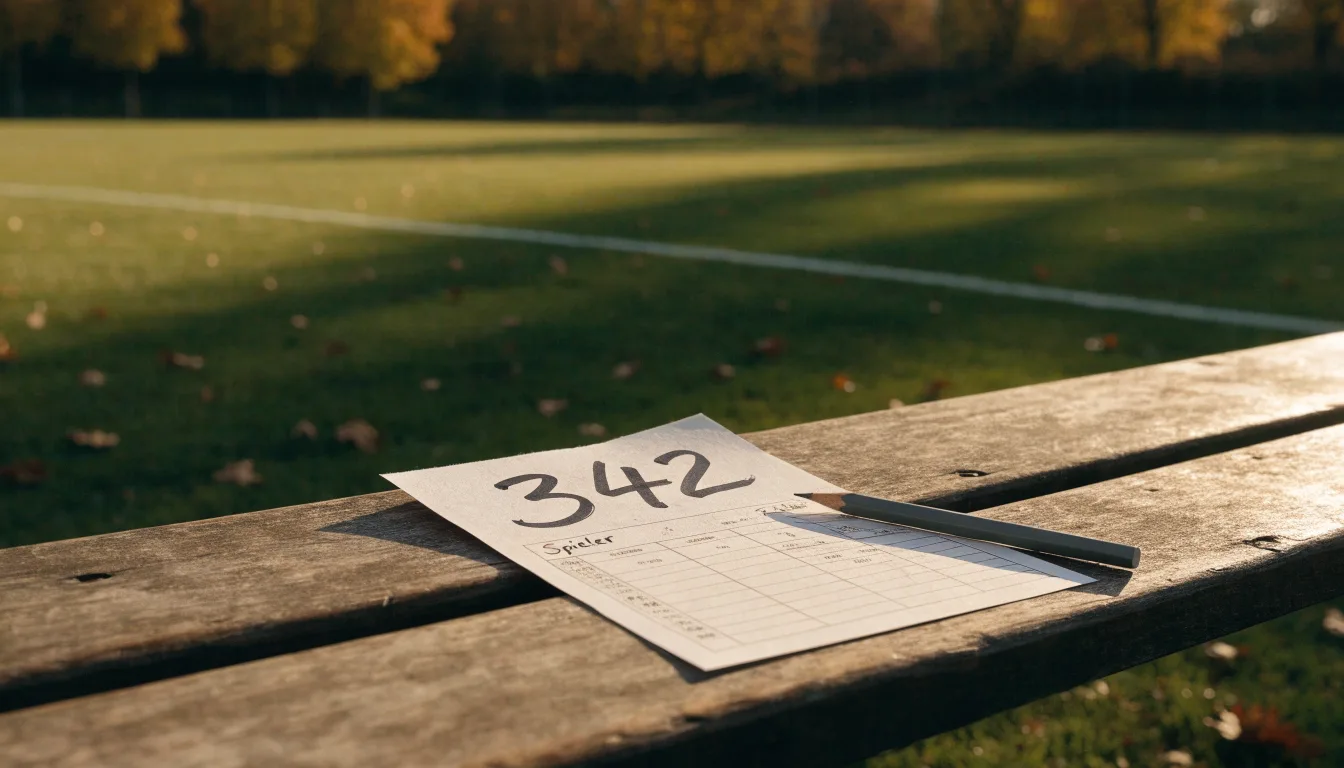 Eine hölzerne Bank steht an der Seitenlinie eines leeren Sportplatzes, dahinter Bäume im Herbstlicht.