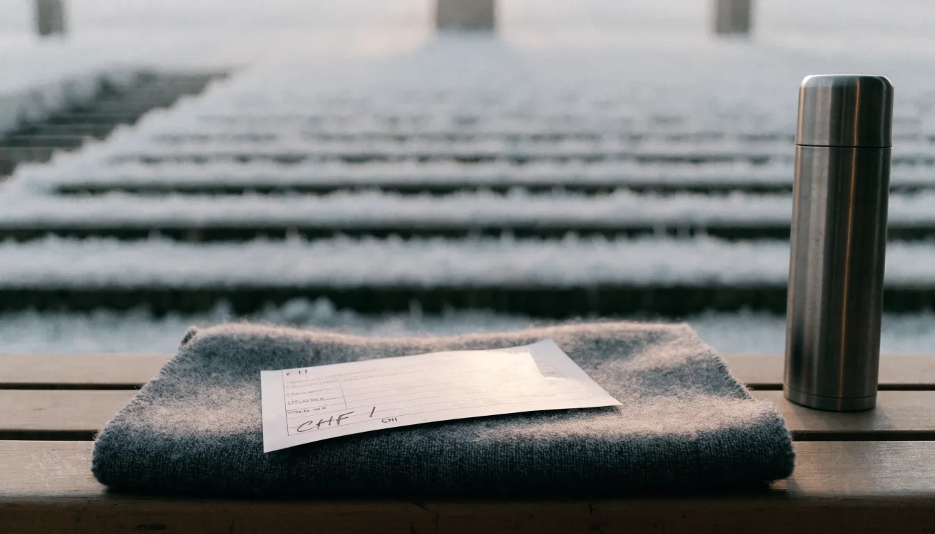 Ein grauer Wollschal und eine Thermoskanne liegen auf einem Sitz im winterlichen Stadion, Raureif liegt auf den Stufen.