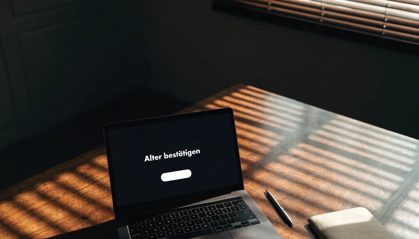 Streifen von Sonnenlicht fallen durch eine Jalousie auf einen Schreibtisch mit Stiften.