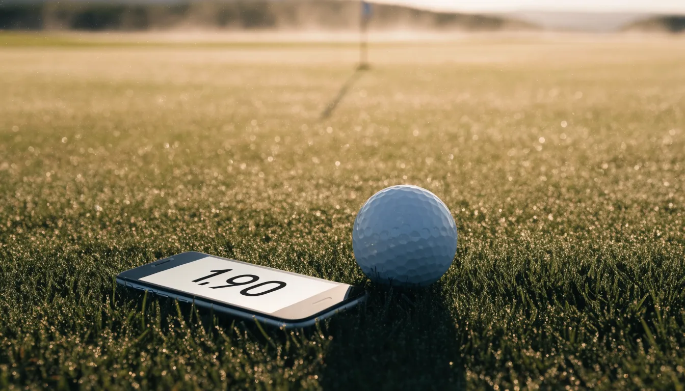 Ein Golfgrün liegt am frühen Morgen im Tau, ein Ball liegt nahe dem Loch.